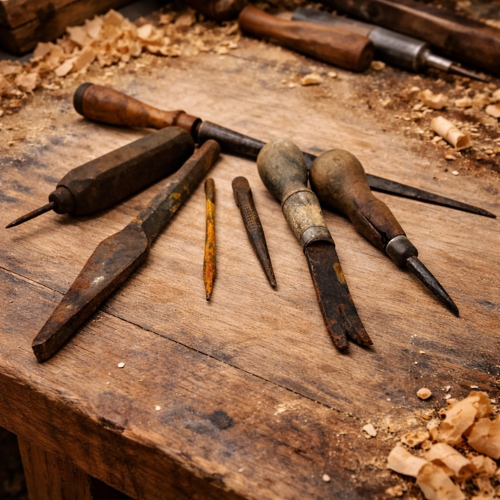 Vintage Woodworking Tool Lot Awls Chisels Gouge Tack Puller 12” - Rustic Decor - Picture 1 of 12
